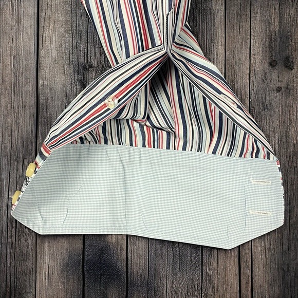 TAILORBYRD MENS LARGE COTTON LONG SLEEVE BUTTON UP BLUE RED WHITE STRIPE SHIRT - Picture 7 of 7